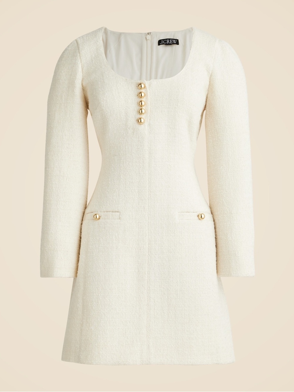 J. Crew Cream Bouclé Mini Dress with Gold Buttons